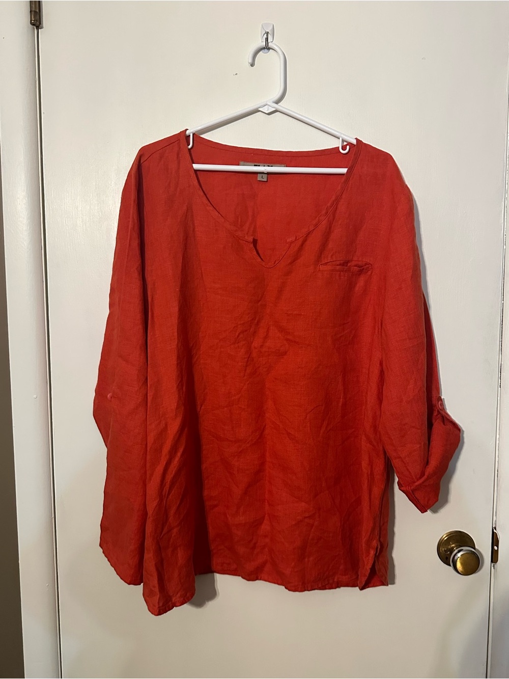 FLAX women’s orange 100% Linen Tunic Shirt Top Roll Tab Sleeves Side Slit